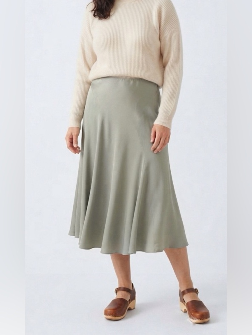 Eileen Fisher 100% Silk Midi Skirt A-line Taupe Size Medium
